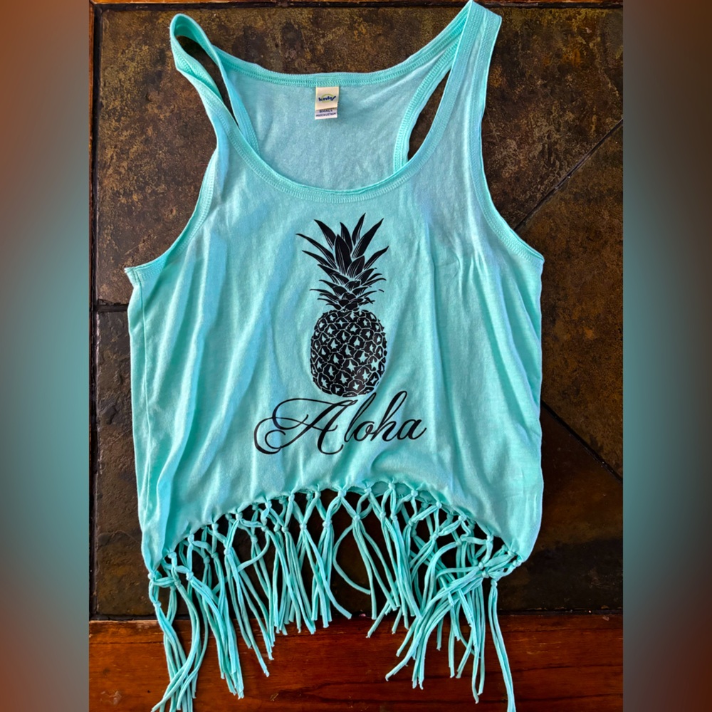 Teal “Aloha” Cropped Tank Top With Stringed Bottom